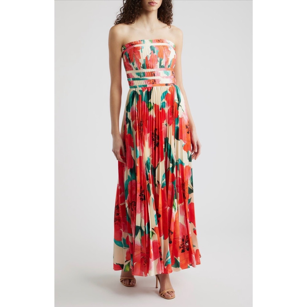 NWT Hutch Sabina Floral Tiered Plissé Strapless Gown Ivory Coral Watercolor sz 2